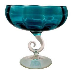 Vintage Empoli Blue Optic Hand Blown Art Glass Candy Bowl Centerpiece Italy